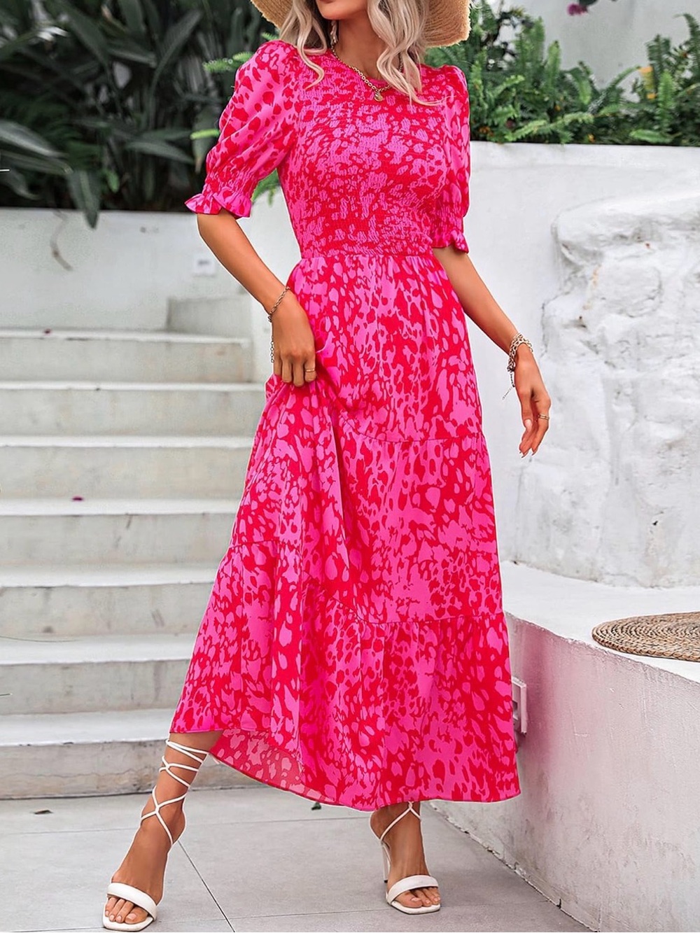 Smocked Maxi Dress in Hot Pink Animal Print